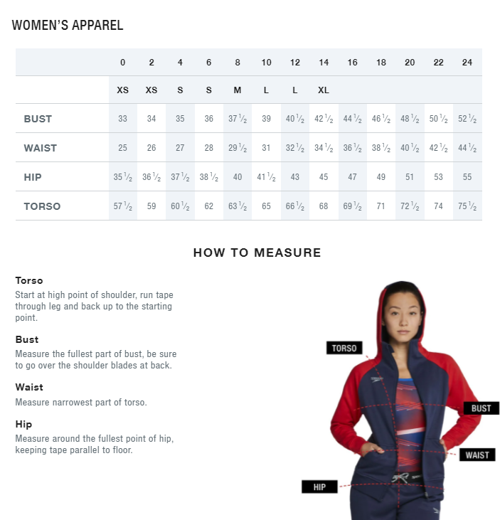Speedo Women's Apparel Size Chart
