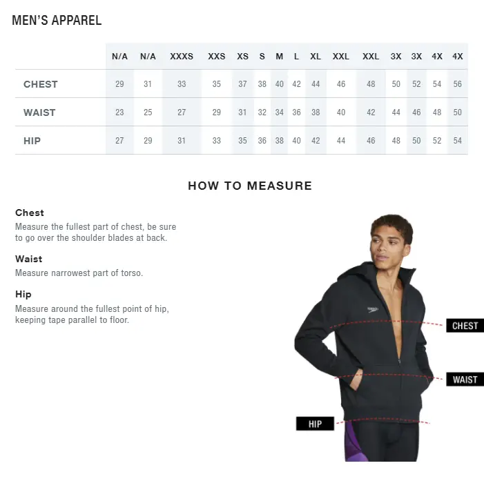 Speedo Men's Apparel Size Chart