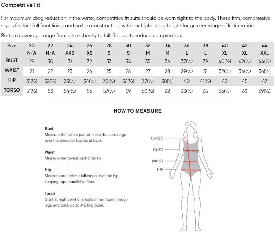 Speedo Female Competitive Size Chart