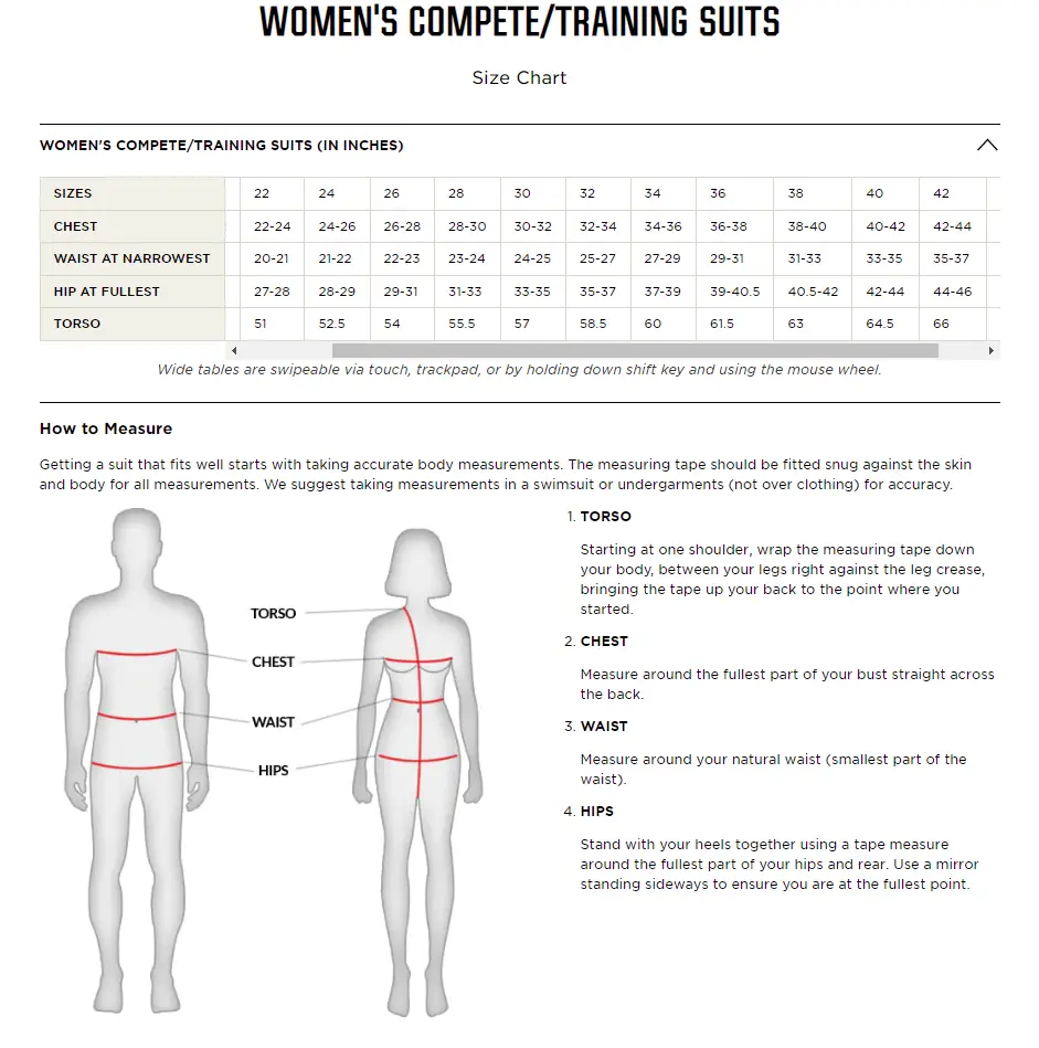 Dolfin Female Competitive Swimwear Sizing Chart