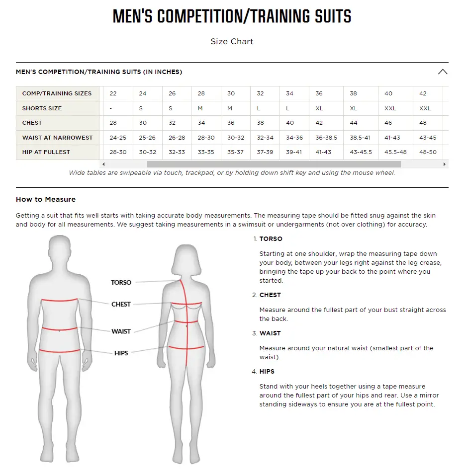 Dolfin Male Competitive Swimwear Sizing Chart